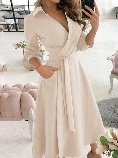 Amy Fashion - Long Sleeve V-neck Belt Pockets Casual Dress