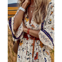 Floral V Neck Polyester Maxi Boho Dress