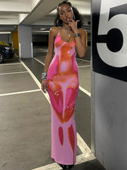 Print Halter Bandage Belt Maxi Dress