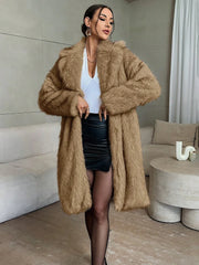Covered Button Fluffy Faux Fur Coat