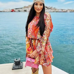 Floral Print Mini Long Sleeve O Neck Chiffon Boho Dress