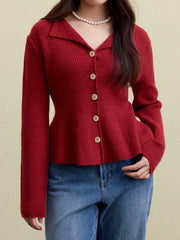 Bubble Sleeve V-neck Red Knit Cardigan