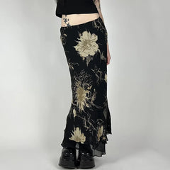 Floral Vintage A-line Mid Waist Skirt