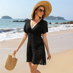 Deep V Neck Hollow Knit Boho Dress
