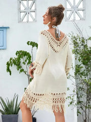 Beige Tassel Crochet Backless Boho Dress