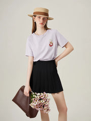 Cat Embroidered Beige Loose T-shirt
