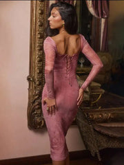 Print Lace Side Bodycon Midi Dress