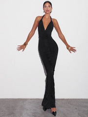 Deep V-Neck Black Ruched Maxi Dress