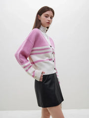 Wool Pink Stripe V-neck Short Cardigan