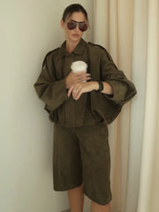 Green Suede Zipper Bomber Coat