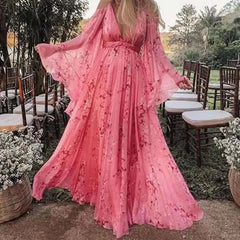Off Shoulder Floral Pink Swing Boho Dress