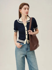 Contrast Polo Collar Summer Knit Cardigan