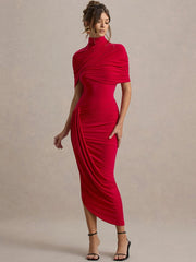 Half Sleeve Turtleneck Ruched Bodycon Dress