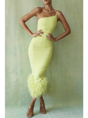 Feather Strap Backless Midi Dress