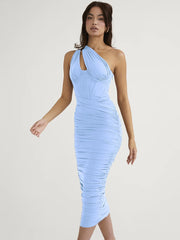 Hollow One Shoulder Mesh Midi Dress