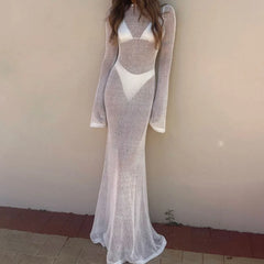 Knitted See-through Solid Vacation Dress