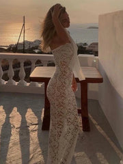 Lace Ribbon Strapless Sheer Maxi Dress