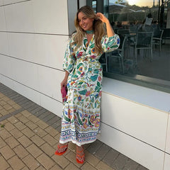 Deep V Neck Puff Sleeve Floral Printed Boho Dress