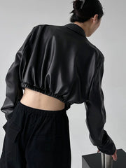 Black PU Retro Lapel Crop Coat