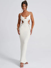 Hollow Knit Spaghetti White Bodycon Dress
