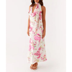 Cowl Neck Floral Halter Vacation Dress