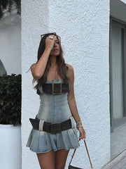 Strapless Denim Belted Mini Dress