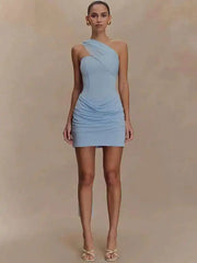 Draped Oblique Shoulder Mini Dress