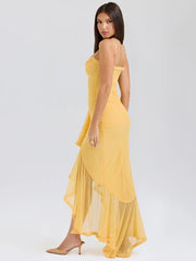 Ruffled Draped Yellow Maxi Bodycon Dress