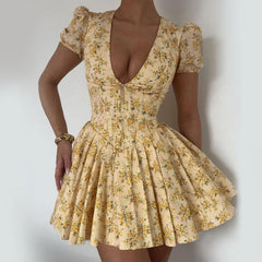 Pleated Slim Fit V-Neck Floral Dress