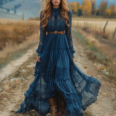 V Neck Long Sleeve Floral Garden Boho Dress