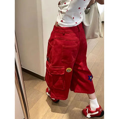 Heart Print Red Denim Calf Pant