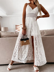 Sleeveless V Neck Hollow Out Irregular Lace Boho Dress