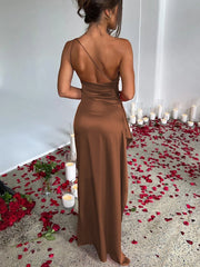 Satin Oblique Split Sleeveless Bodycon Dress
