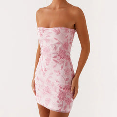 Sequin Strapless Glitter Floral Dress