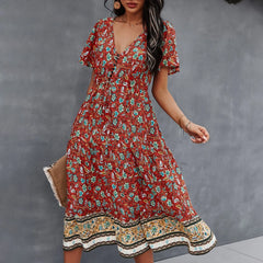 Floral Cotton Bohemian V Neck Summer Boho Dress
