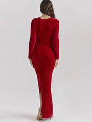 Velvet Long Sleeve V Neck Bodycon Dress