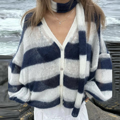 Striped Lantern Sleeve Button Knit Cardigan