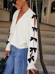 Bow Ribbed Hollow Knit Coat