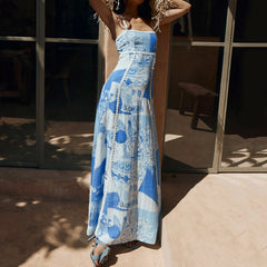 Printed Long Strap Backless Maxi Boho Dress