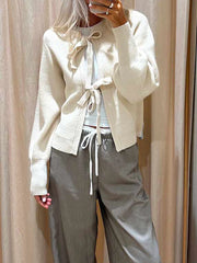 Ribbed Tie Front Solid Knit Cardigan