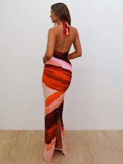 Halter Deep V Neck Lace-up Sleeveless Backless Vacation Dress