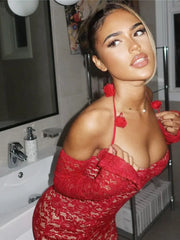 Red Lace Strapless Long Sleeve Bodycon Dress