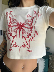 Butterfly Print Fitted Crop Grunge T-shirt
