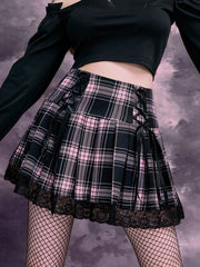 Pink Plaid Lace Pleated Mini Skirt