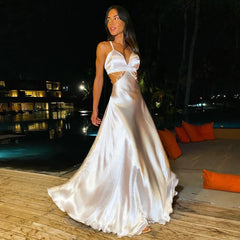 Printed V Neck Hanging Neck Sleeveless Boho Dress