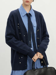 Wool Navy V-neck Beaded Knit Cardigan