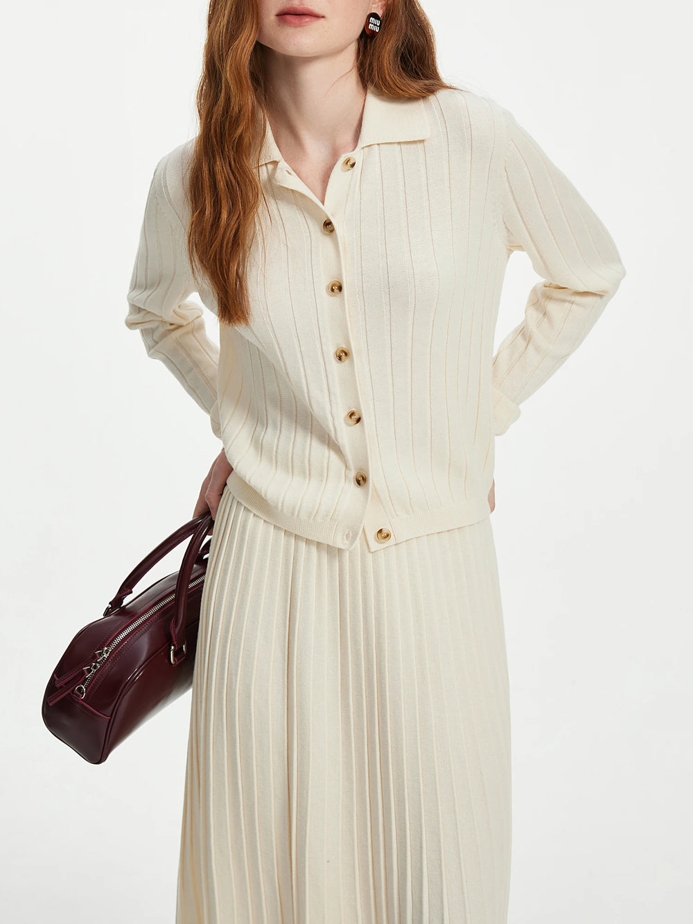 Wool Gray Cream Knit Set Style Cardigan