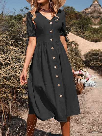 2024 V Neck Button Down Casual A-line Short Sleeve Dress