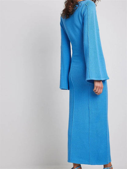 2024 Elegant Women Knitted Patchwork  Vintage  Flare Sleeve Round Neck  Slim Fit Solid Party Vestidos