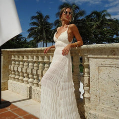 Deep V Textured Cami Slip Vacation Dress